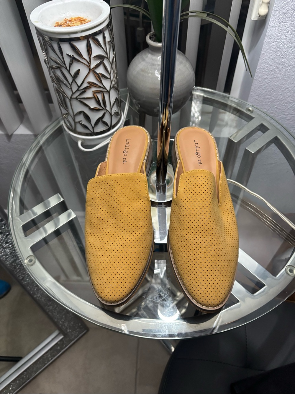 Indigo Perforated Mustard Slip-On Mules